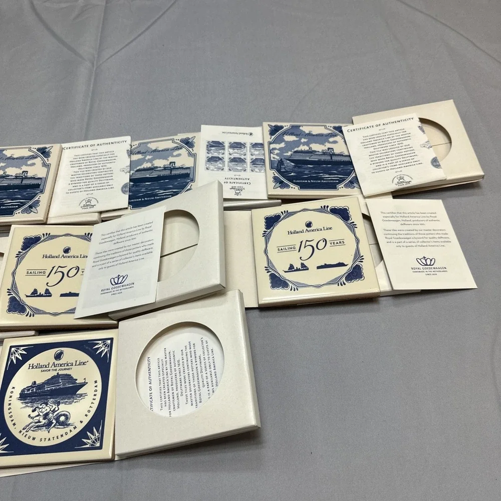 Lot of 8 Holland America Line Delft Blue Ceramic Tile Coasters Cork #4